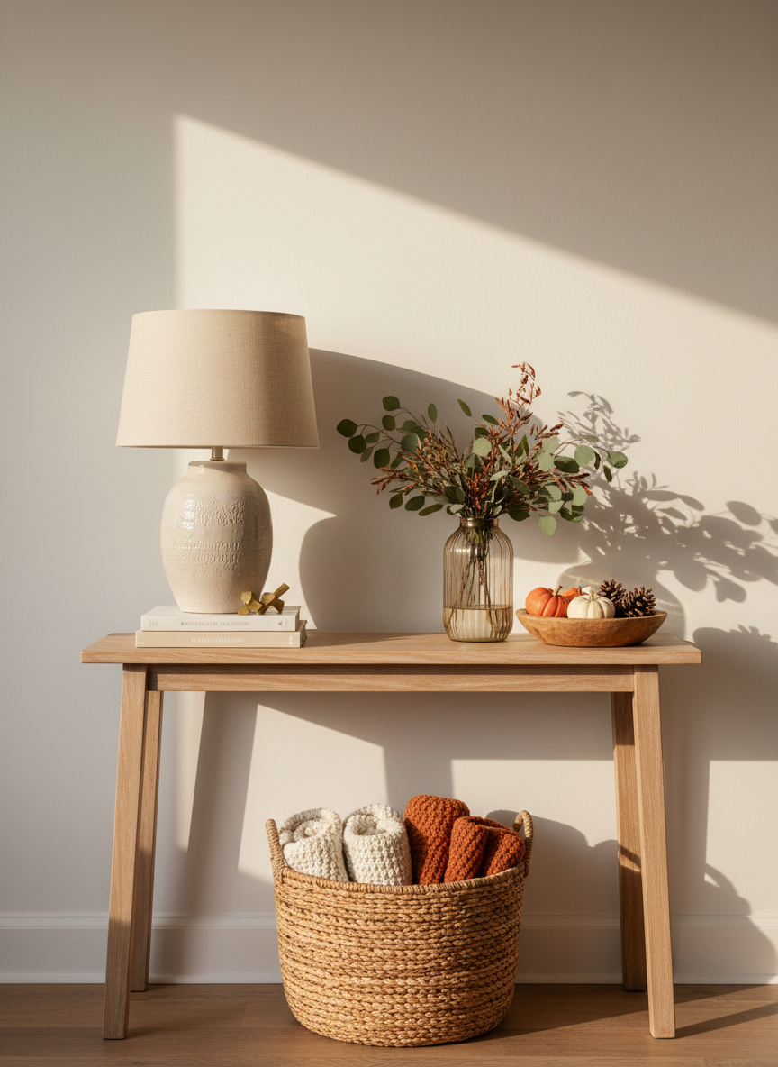 A cozy, thoughtfully decorated console table styled for seasonal home decor, positioned against a matte, warm white wall in an entryway. The console is a slender, light-wood piece with clean lines, topped with a mix of curated items: a large ceramic lamp with a linen shade, a ribbed glass vase filled with seasonal greenery, a shallow bowl of pinecones or mini pumpkins, and a couple of stacked design books displaying small sculptural accents. Below, a woven basket neatly holds folded throw blankets, hinting at practical product finds. Soft golden hour light enters from the right, casting elongated, gentle shadows and emphasizing the textures of wood, ceramic, and textiles. Photographic realism with an eye-level, slightly off-center composition, creating a welcoming, polished atmosphere ideal for a professional lifestyle blog’s styling tutorial.