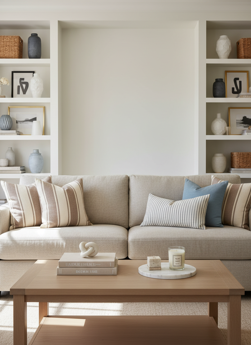 A bright, carefully styled living room showcasing a cohesive mix of curated home decor pieces. A low-profile neutral sofa with textured linen upholstery anchors the scene, layered with a mix of striped and solid throw pillows in warm taupe and soft slate blue. In front, a light oak coffee table holds a stack of design books, a ceramic knot accent, and a small marble tray with a scented candle. Built-in shelving in the background displays a balanced arrangement of vases, framed abstract art, and woven baskets. Natural daylight streams through unseen windows, creating soft, even illumination and gentle shadows. Photographic realism at eye level, sharp focus throughout, with a clean, modern mood that feels attainable yet elevated, perfect for a professional home decor blog hero image.