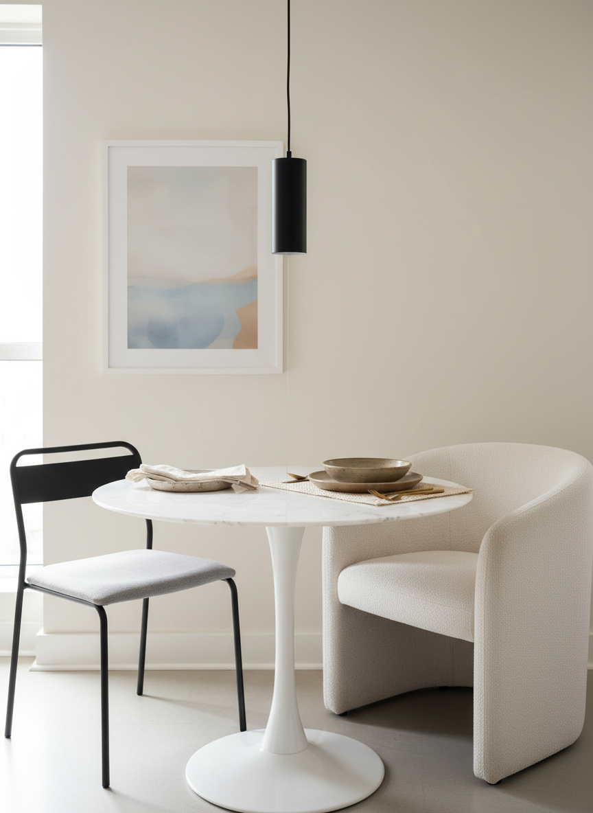 A stylish dining nook illustrating a budget vs splurge comparison through decor choices rather than text. On one side of a round pedestal table, a minimalist, affordable-looking black metal chair with a simple seat is styled with a modest linen napkin and a single ceramic plate. On the opposite side, a more luxurious curved boucle dining chair is paired with layered stoneware dishes and a brass-handled flatware set on a subtly patterned placemat. Above, a clean-lined pendant light hangs centered. The backdrop is a smooth, warm white wall accented by a single framed art print. Soft natural daylight from a nearby window creates balanced, diffused lighting and subtle reflections on metal details. Photographic realism, composed using rule of thirds to highlight contrast, with a polished yet approachable, editorial home decor atmosphere.