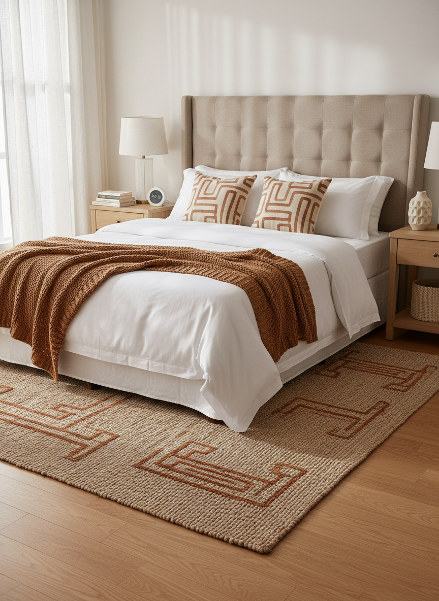 A serene, sunlit bedroom styled for a room guide, featuring a neatly made queen bed with crisp white cotton bedding and a tufted light-beige upholstered headboard. Layered on top are a textured knit throw in warm caramel and a pair of patterned accent pillows that subtly echo the rug below. Flanking the bed, matching nightstands in light wood each hold a streamlined lamp with a fabric shade and a small decorative object, like a sculptural vase or stacked books. A simple, trusted-looking table clock and a discreet woven storage basket suggest practical product recommendations. Soft morning light filters in from the left, casting gentle highlights and shadows that emphasize textures. Photographic realism, calm and inviting atmosphere, eye-level composition with a slight angle to show the full vignette and tidy, aspirational styling.