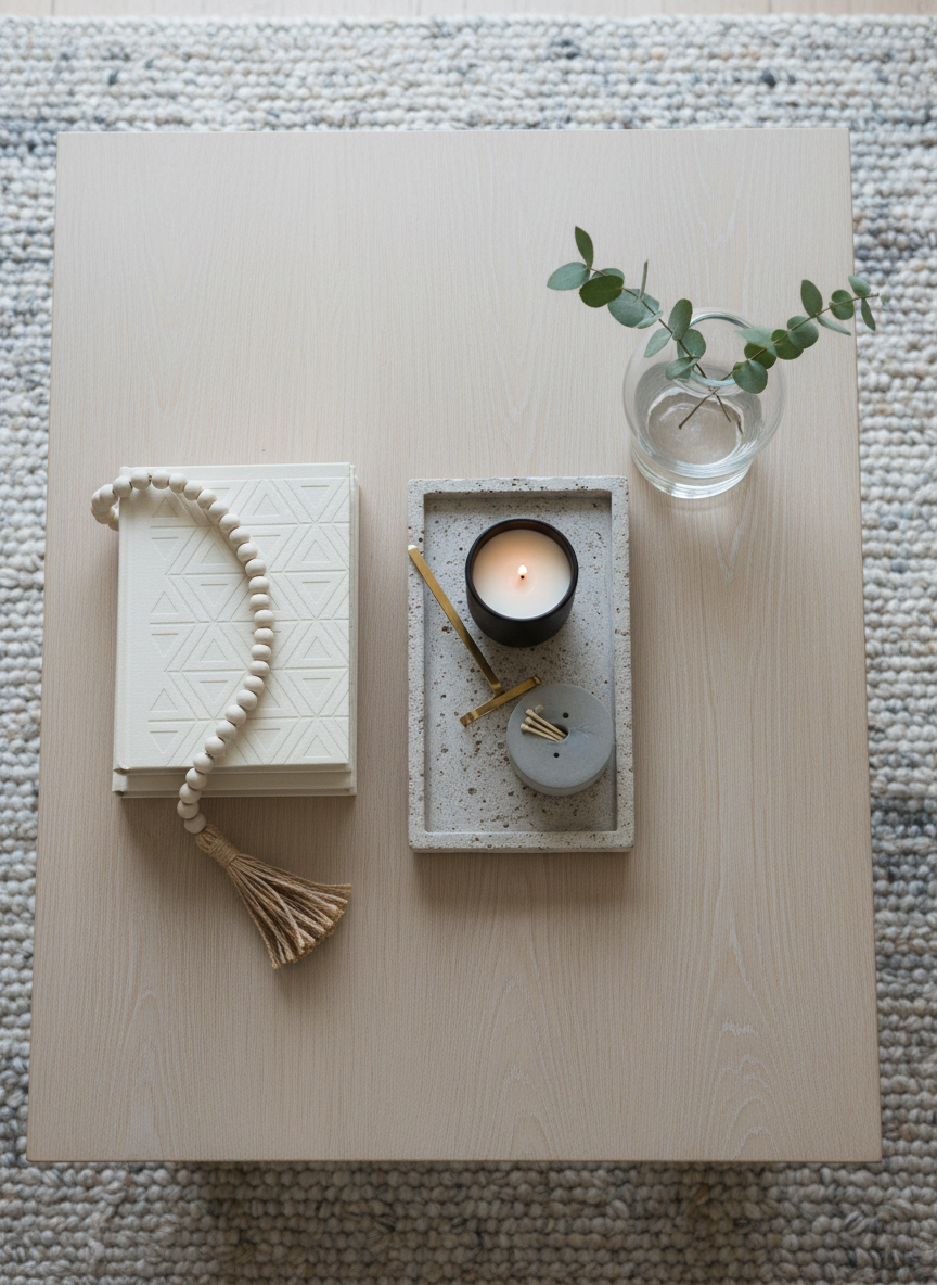 A detailed coffee table flatlay designed to showcase curated product recommendations, captured from a bird’s eye view. The table surface is pale oak with a subtle grain, holding a neat arrangement: a textured stone tray containing a scented candle in a matte vessel, a chic wick trimmer, and a small match striker; a stack of two neutral-toned design books with a smooth ceramic bead garland draped over the top; and a low, wide glass vase with a few delicate stems of greenery. A soft, woven rug in muted tones frames the table edges. Diffused daylight from a nearby window creates an even, shadow-soft light, highlighting materials without glare. Photographic realism, minimalist yet layered composition, calm and sophisticated mood emphasizing attainable luxury and thoughtfully chosen decor pieces ideal for affiliate-linked product roundups.