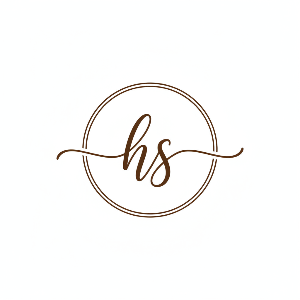 A minimalist monogram logo with the letters "hS" in an elegant cursive script. The letters are espresso brown. A simple thin espresso brown circle outline surrounds the letters with no fill. The background is pure white (#FFFFFF). Clean, sophisticated, mid-century modern style.